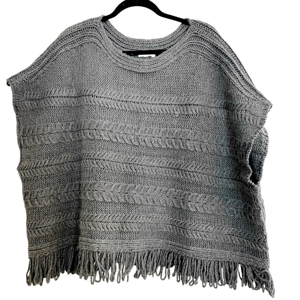 World Market Gray Poncho Sweater Shawl‎ Fringe One Size Oversized Cozy Cottage